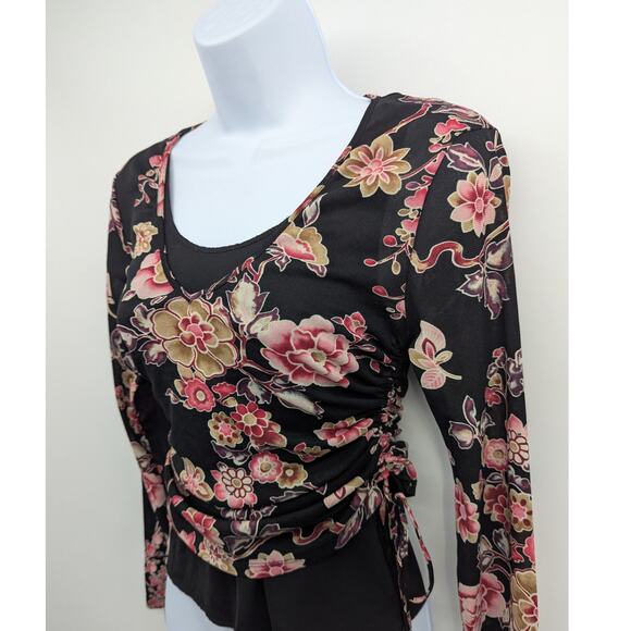 VTG Cherry Blossom 90s Asian Mesh Wrap Top Sheer Ruched Grunge Fairycore Sz M - Picture 4 of 5